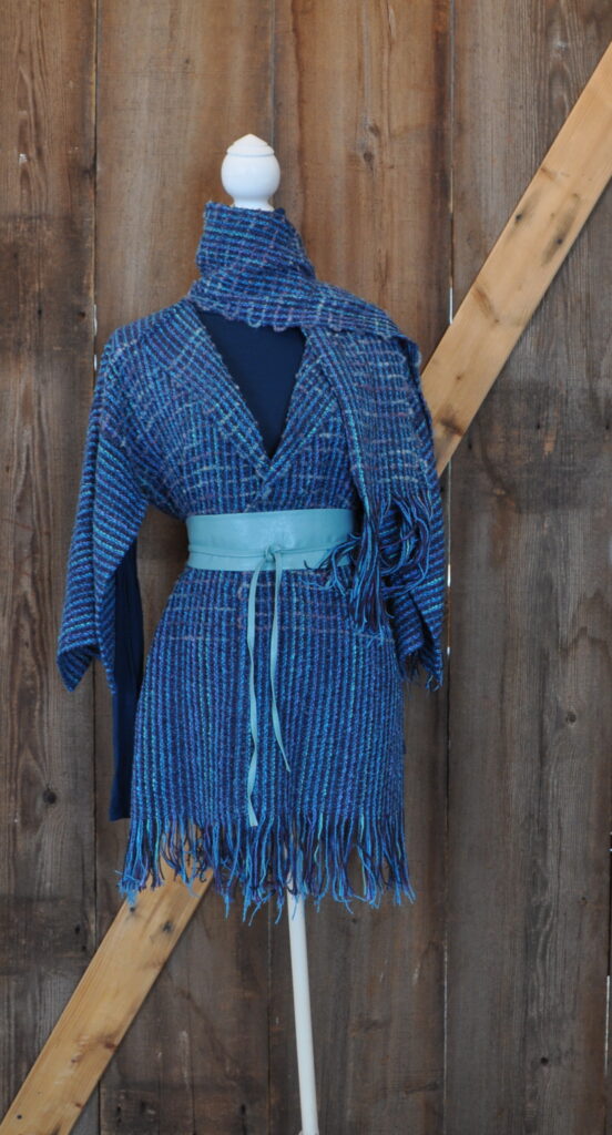 Blue and Turquoise Jacket with Leather Belt and Scarf – SOLD