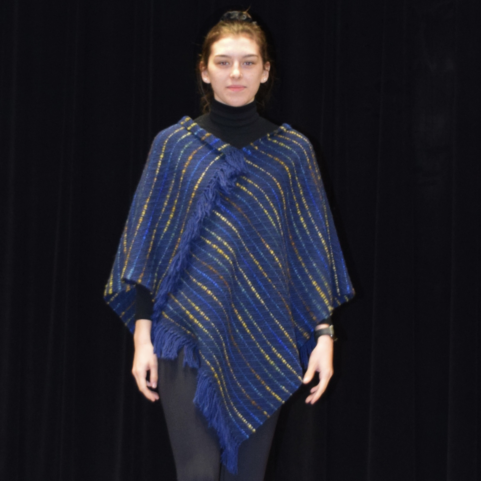 Blue and Gold Poncho in Wool with Thick and Thin Yarn Accents