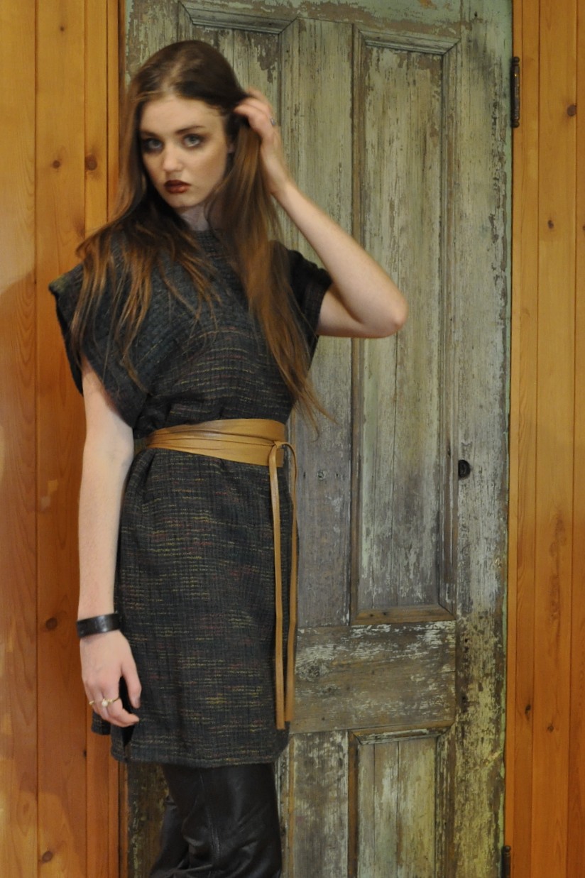 Green Tunic in Cotton with wrap leather belt - FOR SALE $250
