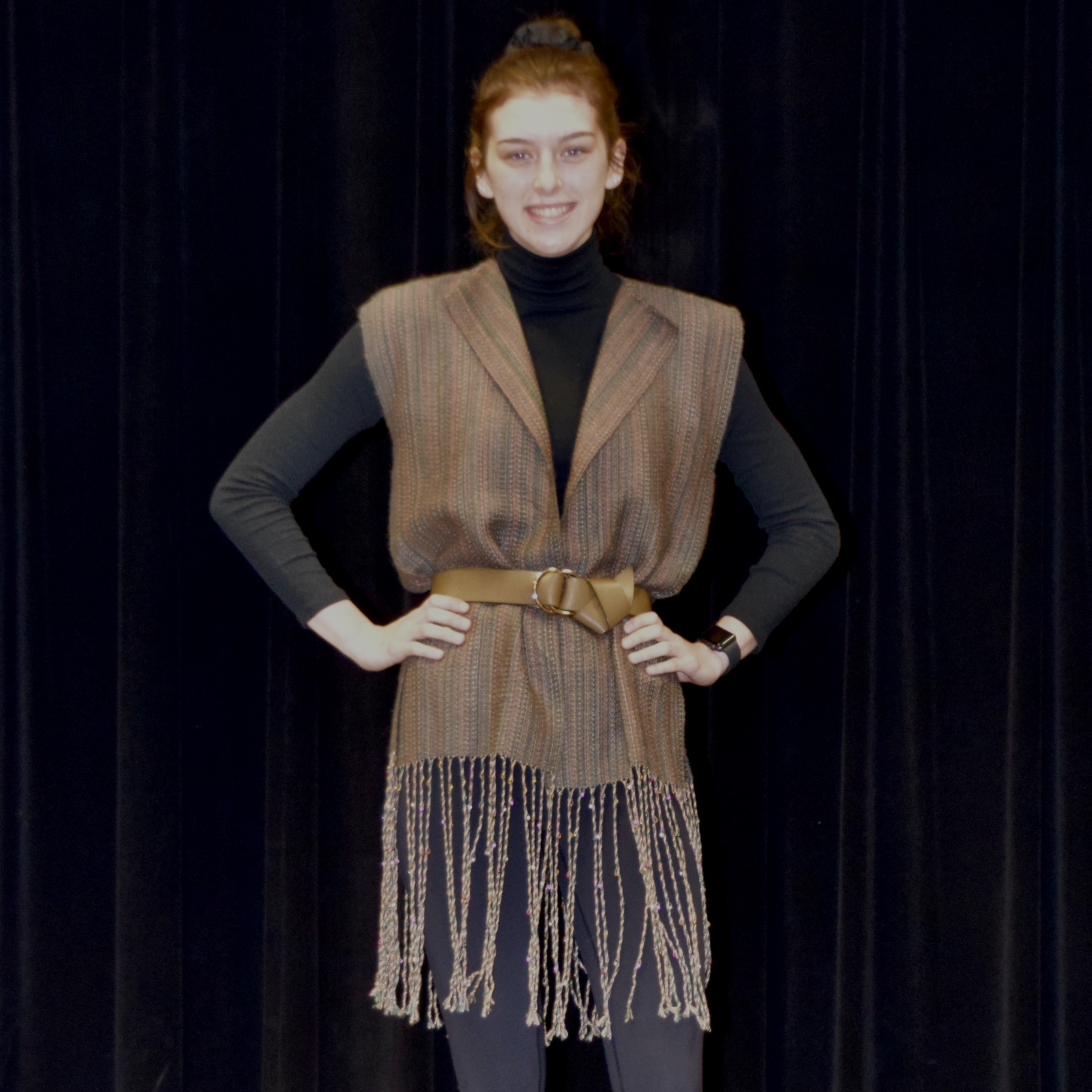 Woodlands Fringe Vest with Belt in Cotton, Silk and Alpaca - IN CONVERGENCE SEASONS OF THE SMOKIES FASHION SHOW